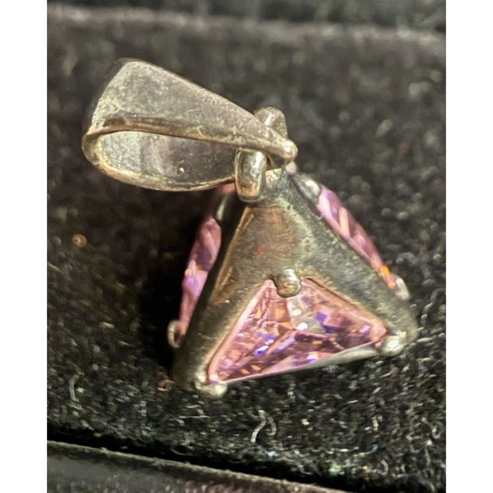 925 Marked HAN Triangle Pendant Pink Stone 3D Sterling Silver